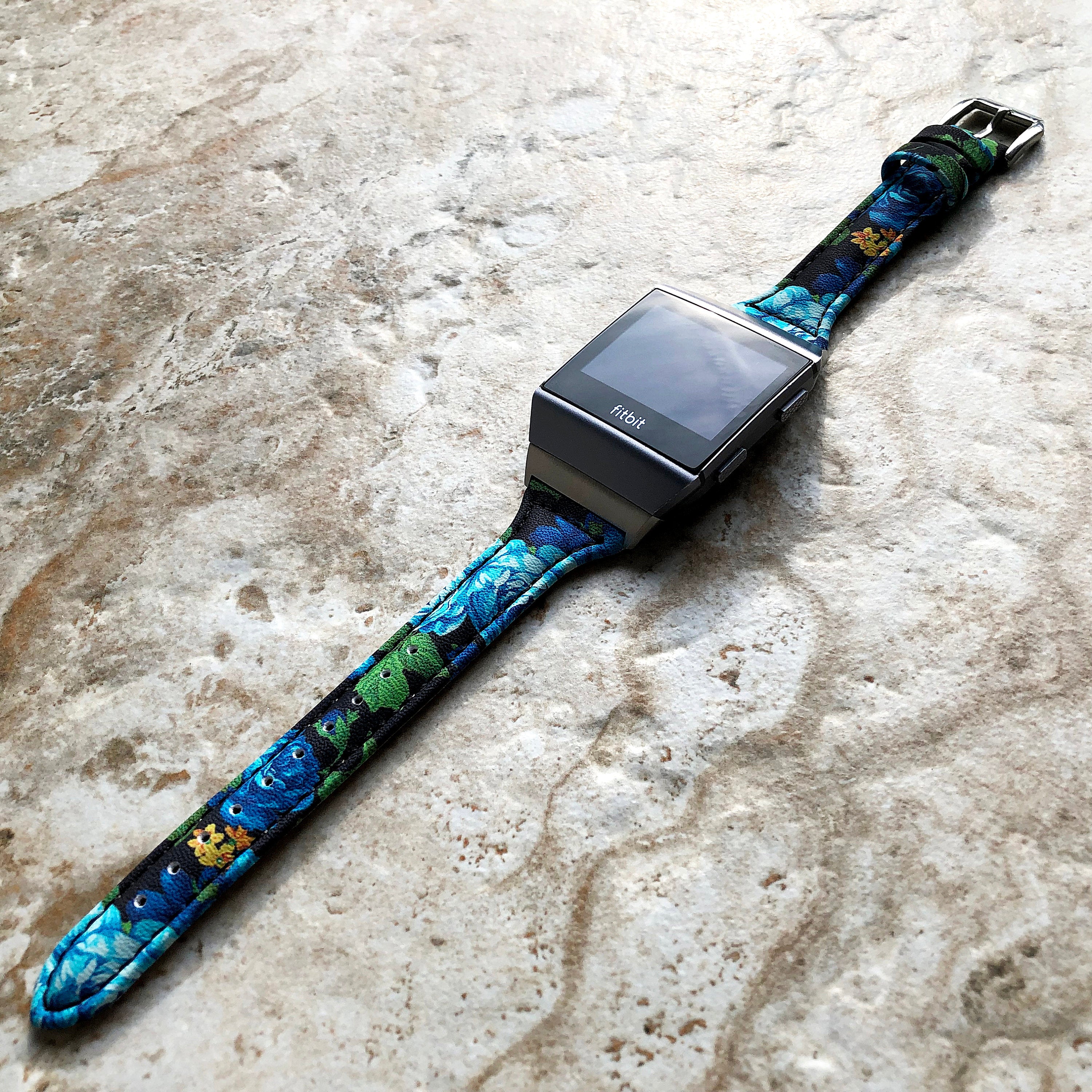 Fitbit Ionic Blue Roses Slim Elegant Soft Leather Band Strap Bracelet for Smartwatch Quick Release Adapters in Silver Rose Gold Black